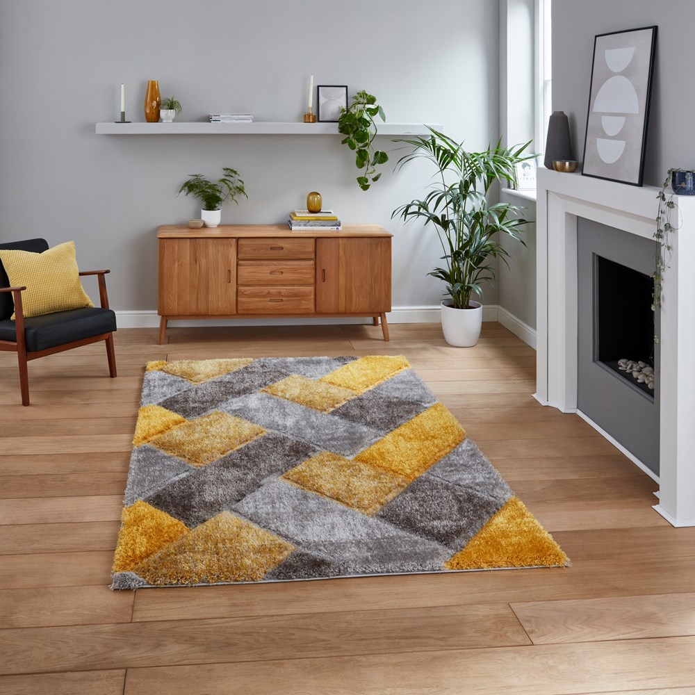 Olympia 2239 Grey Yellow Geometric Shaggy Rug